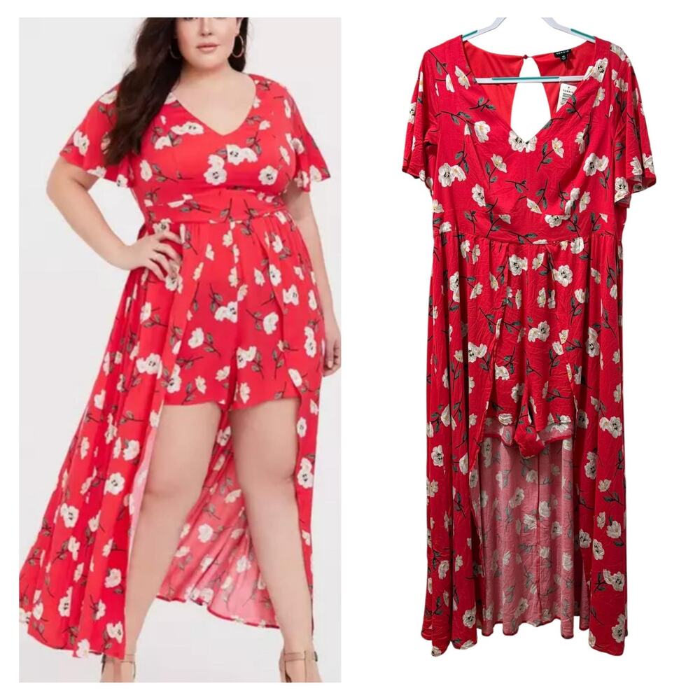 Torrid size 24 Coral Red Floral Maxi Challis Walk Through One Piece Romper Dress